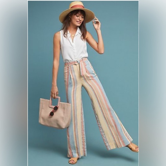 Anthropologie Beachy Wide Leg Soft Neutral Linen Coastal Striped Pants 10 Petite - Picture 2 of 8